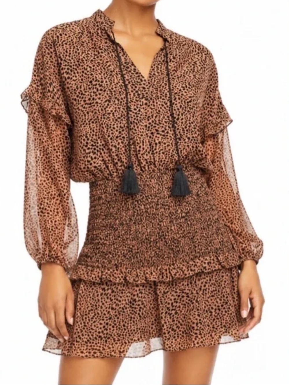 Aqua S Bloomingdales Brown Leopard Print Mini Dress with Tassel Tie